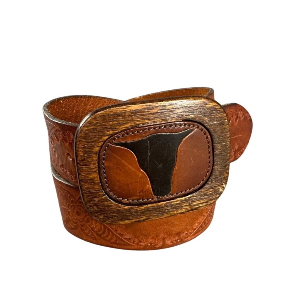 Gap Mens Brown Floral Embossed Leather Belt Wood Bullhead Buckle USA Size 32 M